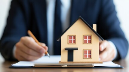 A model house is placed on a document as a person in a suit prepares to write, symbolizing real estate transactions or property management.