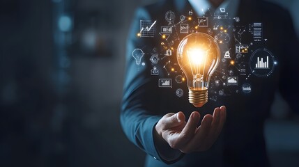 A businessman holding a creative light bulb, representing industry networks, analysis solutions, and marketing strategies, highlighting innovation and strategic planning in business