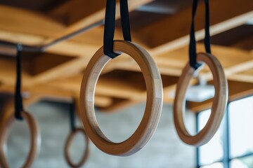 Modern indoor gym with suspended wooden rings and black straps