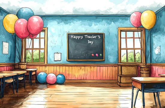 a classroom with balloons and a chalkboard

