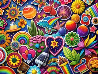 Fototapeta premium Vibrant 70s-inspired abstract sticker pack featuring colorful patches, perfect for adding a creative touch to your design projects and artistic endeavors. Unleash your imagination!