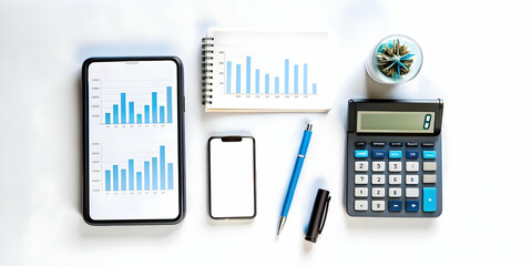 A flat lay of various financial tools including a calculator smartphone and financial reports on a glossy white background captured with a top down static shot to emphasize tools for financial managem