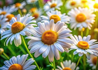 Obraz premium Vibrant chamomile flowers grace a garden, showcasing nature's delicate beauty through stunning macro photography that highlights their intricate details against a serene natural backdrop.