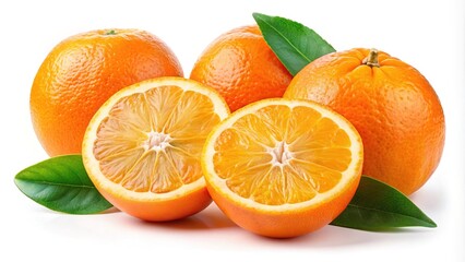 Vibrant fresh oranges and slices isolated on a white background, ideal for culinary uses and health benefits, enhancing dishes with flavor and nutrition effortlessly.