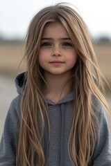 Fototapeta premium Portrait of a young girl with long blonde hair wearing a gray hoodie, standing outdoors with a soft and natural expression.