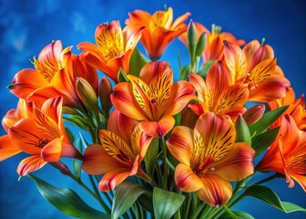 Fototapeta premium Vivid orange Alstroemeria flowers pop against a bright blue backdrop, creating a stunning floral arrangement perfect for enhancing any decorative setting.