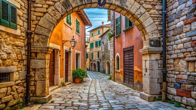 Fototapeta Forced perspective view of arch on stone-paved Garzotto street in Rovinj, Croatia