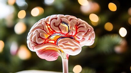 Close-up of a human brain model with vibrant neural pathways, symbolizing cognitive response and mental activity, ideal for educational and scientific visual content