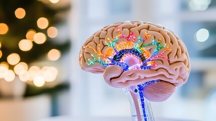 Close-up of a human brain model with vibrant neural pathways, symbolizing cognitive response and mental activity, ideal for educational and scientific visual content
