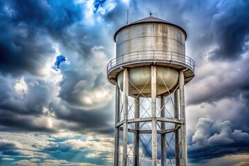 Forced perspective view of large cement water tower against cloudy sky