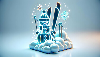 Fototapeta premium 3D Holographic Snowman with Glowing Ski Poles in a Winter Scene - Perfect for Winter Sports Promotion and Outdoor Activities with Ample Copy Space