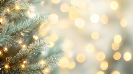 A soft bokeh effect of Christmas lights glowing in the background, with delicate colors of gold, white, and green, evoking a magical Christmas feeling.