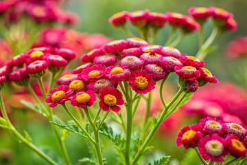 Forced perspective view of Tanacetum Coccineum herb with pink red flowers