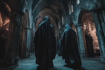 Monks with hoods in dim medieval church