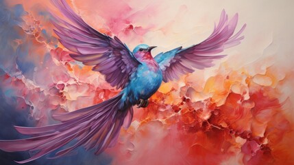 Obraz premium Abstract colorful oil, acrylic painting of juvenile Ruby-humming bird with flower, Canada. Modern