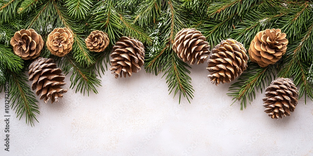 Poster Pine cones and evergreen branches on a white background.