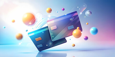 Soft Abstract Artwork of Floating Credit Cards Over Digital Background, Bokeh Effects Symbolizing Modern Payment Methods and Financial Transactions