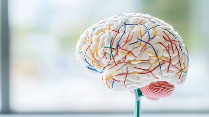 Close-up of a human brain model with vibrant neural pathways, symbolizing cognitive response and mental activity, ideal for educational and scientific visual content
