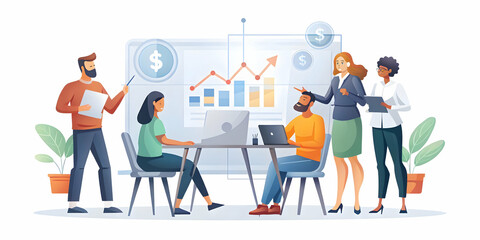 Fototapeta premium Candid Photo of Marketers Analyzing Sales Data with Currency Symbols in Collaborative Workspace, Focused Team Interaction in Open Office Concept for Stock Photography