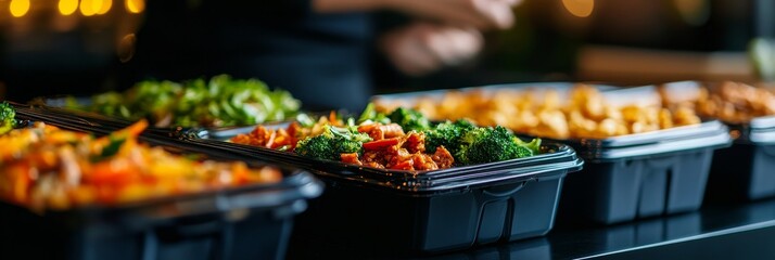 A close-up of to-go containers filled with delicious and colorful prepared entrees, showcasing the convenience and appeal of takeout food.