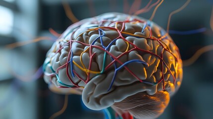 Close-up of a human brain model with vibrant neural pathways, symbolizing cognitive response and mental activity, ideal for educational and scientific visual content