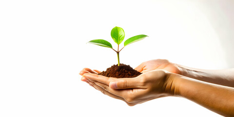 Flat Floating Seedling Growing from Hands - Nurturing Community Growth through ESG Initiatives in Simple Vector Illustration