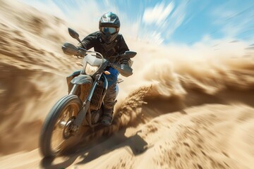 Fototapeta premium Motion blur composition of man riding off road motorbike on sand