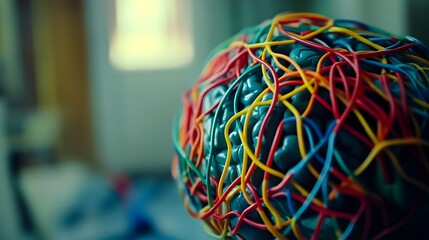 Close-up of a human brain model with vibrant neural pathways, symbolizing cognitive response and mental activity, ideal for educational and scientific visual content