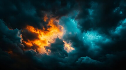 A dramatic sky with dark clouds illuminated by a vibrant orange glow, representing power, mystery, transformation, hope, and contrast.