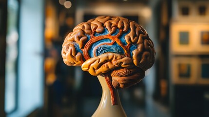 Close-up of a human brain model with vibrant neural pathways, symbolizing cognitive response and mental activity, ideal for educational and scientific visual content