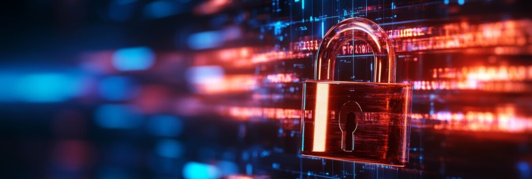 A glowing padlock stands out against a backdrop of digital code, symbolizing secure data protection, digital security, cyber defense, network safety, and online privacy.