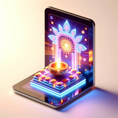 Fototapeta premium 3D Glossy Tablet with Holographic Diwali Diyas & Floating Balloons - Modern Celebratory Concept with Copy Space on White Background
