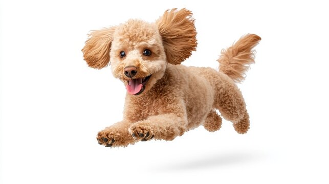 A happy brown poodle with fluffy fur jumps in mid-air, tongue out, with a playful and energetic expression. It represents joy, happiness, pet love, active lifestyle, and canine energy. - Powered by Adobe