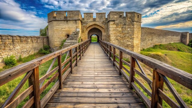 Forced perspective wooden bridge in medieval fortress