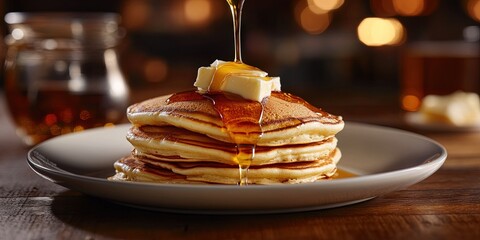 syrup pouring on pancakes
