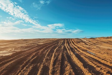 Fototapeta premium Motocross and auto track on sandy ground under blue sky