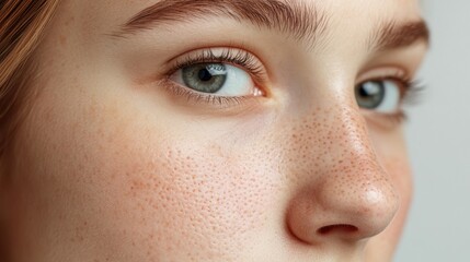 Fototapeta premium Teenage girl with light acne and a serious look on her face, close-up, skin imperfections visible, set against a pale, neutral background