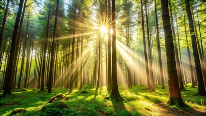 Fototapeta premium Forest background with sunlight filtering through the trees
