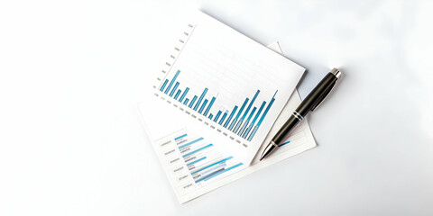 A creative flat lay of business cards a sleek pen and a financial report on a plain white background captured with a top down static shot to emphasize professionalism and organization. concept as High