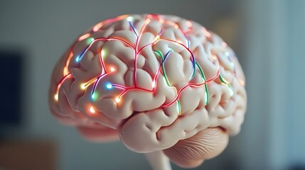 Close-up of a human brain model with vibrant neural pathways, symbolizing cognitive response and mental activity, ideal for educational and scientific visual content