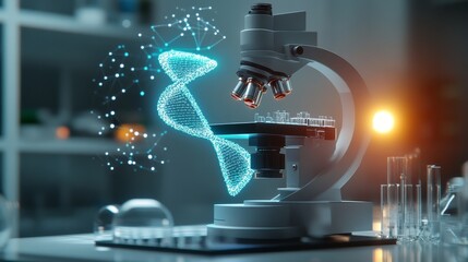 A powerful microscope stands ready for DNA testing and microbiology research, with a glowing double helix symbolizing the potential of genetic discovery.