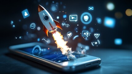 A rocket launching from a smartphone, symbolizing the growth and expansion of social media, digital marketing, and online business.