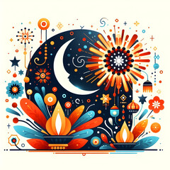 Obraz premium Flat Abstract Diwali Fireworks Design with Glowing Bursts and Crescent Moon - Modern Vector Illustration Capturing Festivity and Energy on White Background