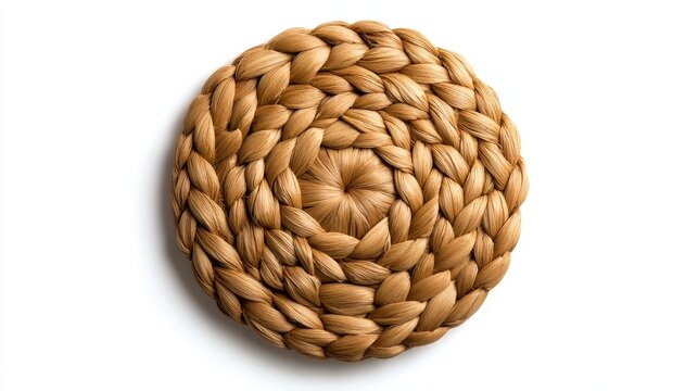 A round braided placemat, perfect for adding a touch of natural elegance to your table setting. The intricate braiding pattern adds texture and warmth to any meal.  This placemat is great for rustic,  - Powered by Adobe