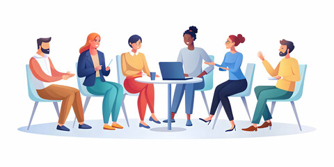 Fototapeta premium Flat Candid Group Discussion Reaching Consensus: Diverse Team Engaged in ESG Strategies on White Background - Simple Vector Illustration for Business