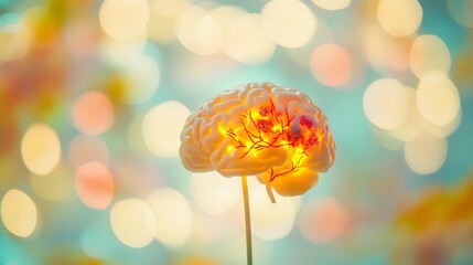 Close-up of a human brain model with vibrant neural pathways, symbolizing cognitive response and mental activity, ideal for educational and scientific visual content