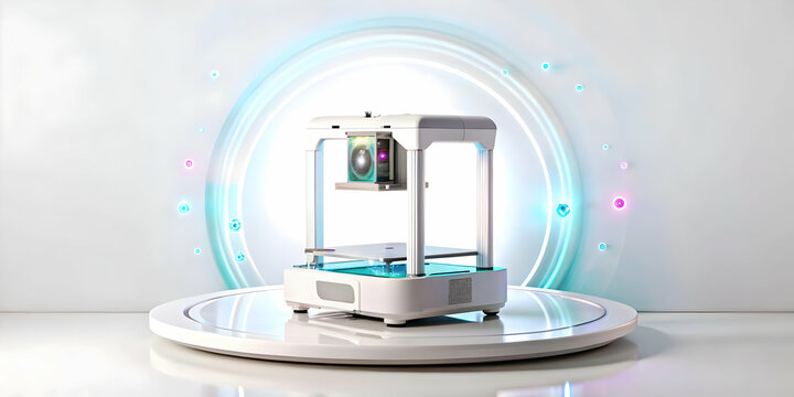 Flat Holographic 3D printer with floating product designs concept as Tracking shot circling a holographic 3D printer on a white pedestal. Holographic product designs float above the printer slowly rot