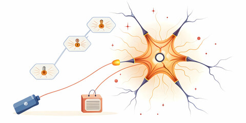 Fototapeta premium Flat Neural Synapse Flash Sale Concept: Close-Up of Neuron Firing, Electrical Impulse Transforms Into Product Icons and Price Tags in Smart Business Tone - Vector Illustration