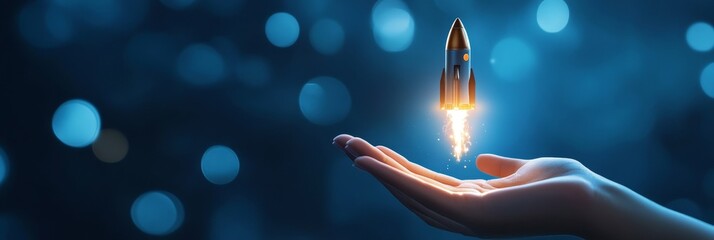 A small rocket blasts off from a hand, symbolizing ambition, opportunity, innovation, growth, and new beginnings.