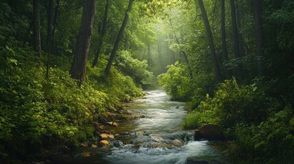 Obraz premium Tranquil Stream in a Lush Forest